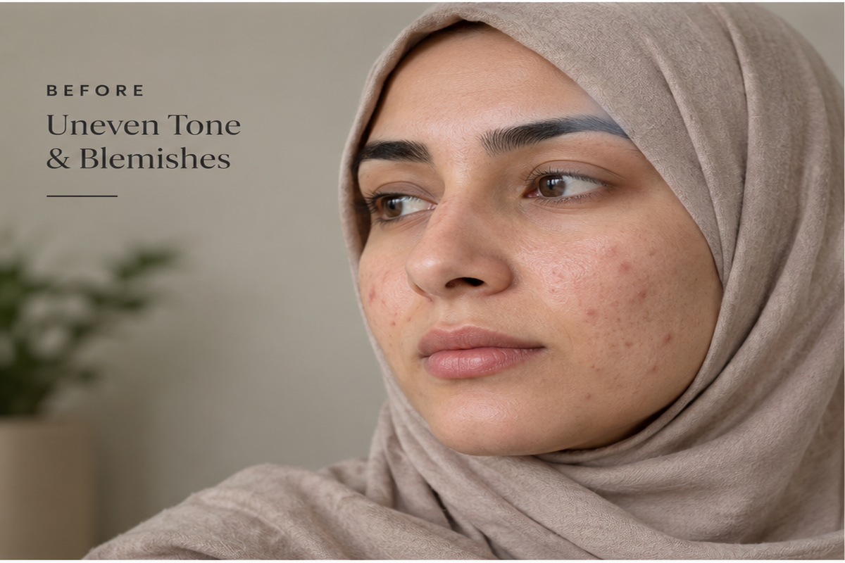 Before and after skincare phases showing changes in skin appearance