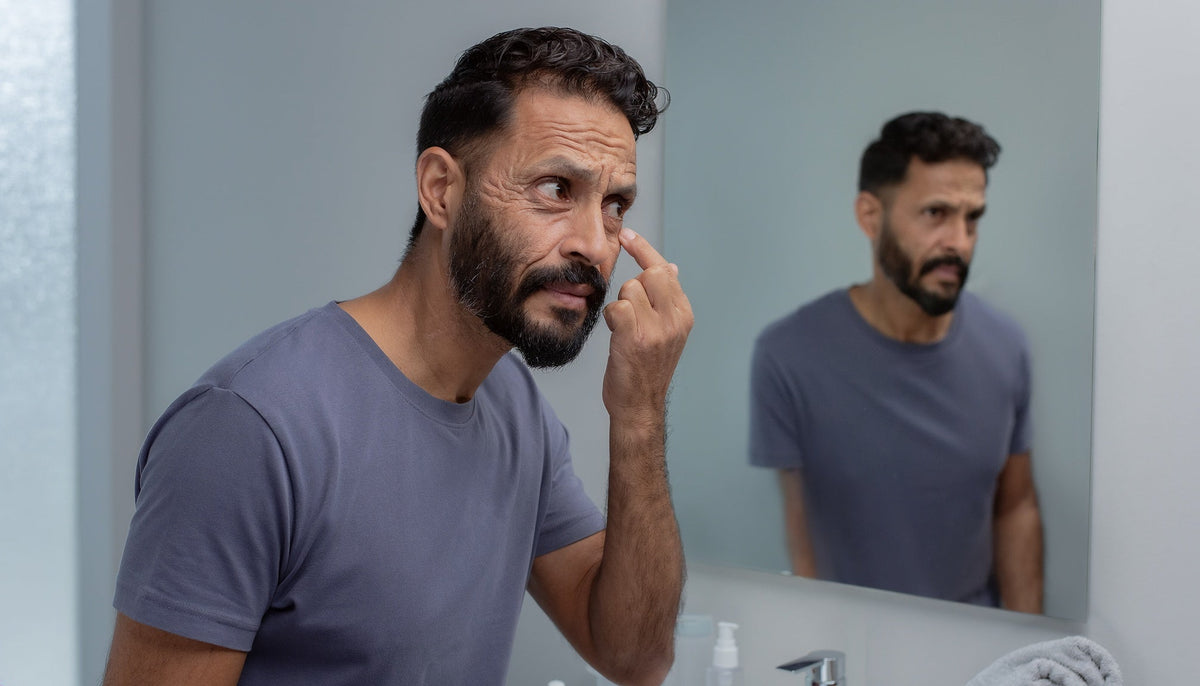Adult man examining natural fine facial lines in a mirror, shown from head to above the navel.