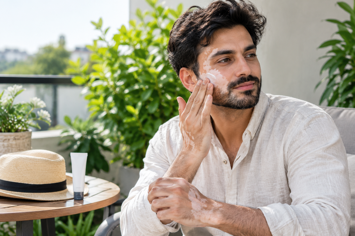 Fully clothed adult man with vitiligo applying facial sunscreen on a sunny terrace.