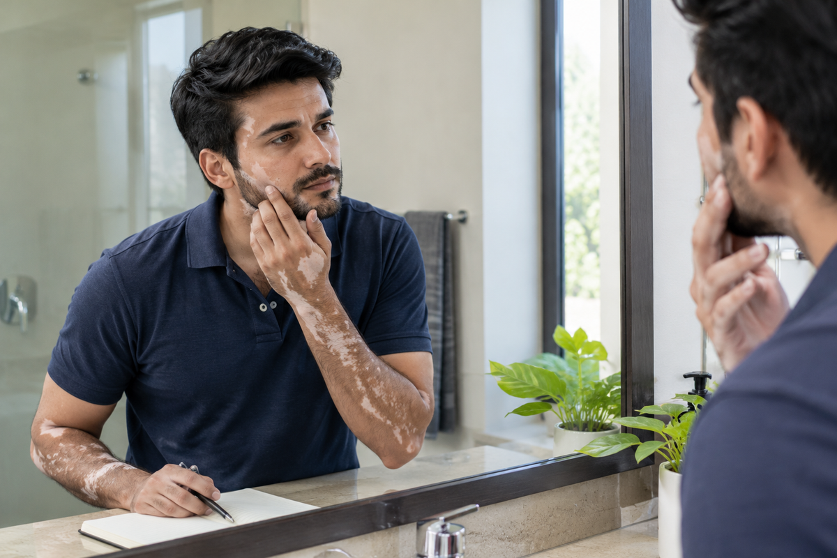 Fully clothed adult man with vitiligo checking changes in his skin while looking in a bathroom mirror.