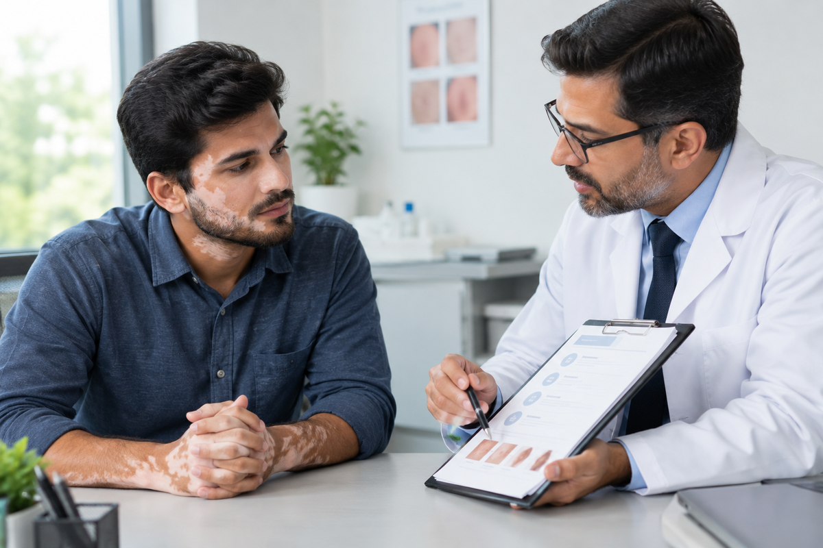 Fully clothed adult man with visible vitiligo discussing treatment options with a male dermatologist.