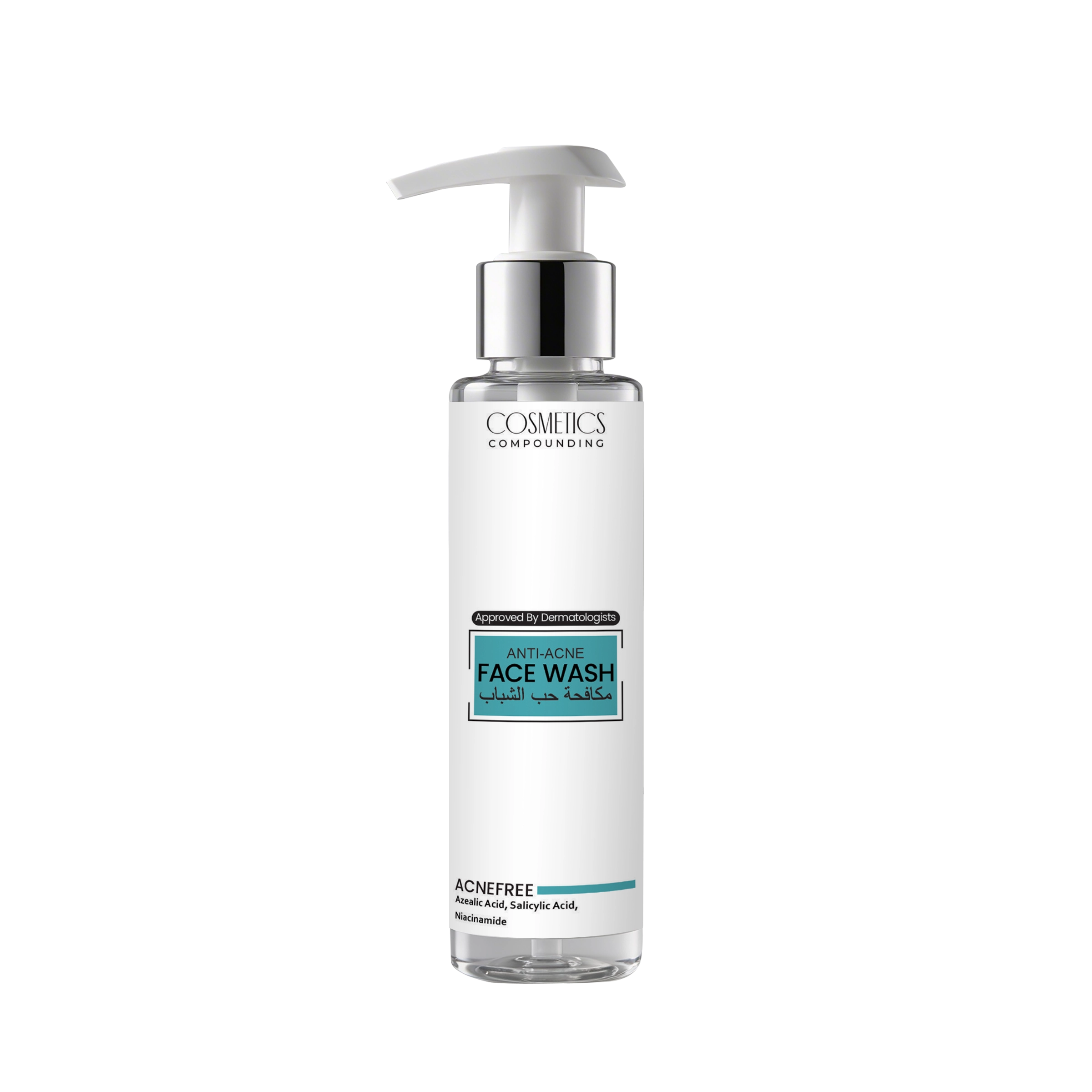 Cosmetic face wash bottle with pump on a white background