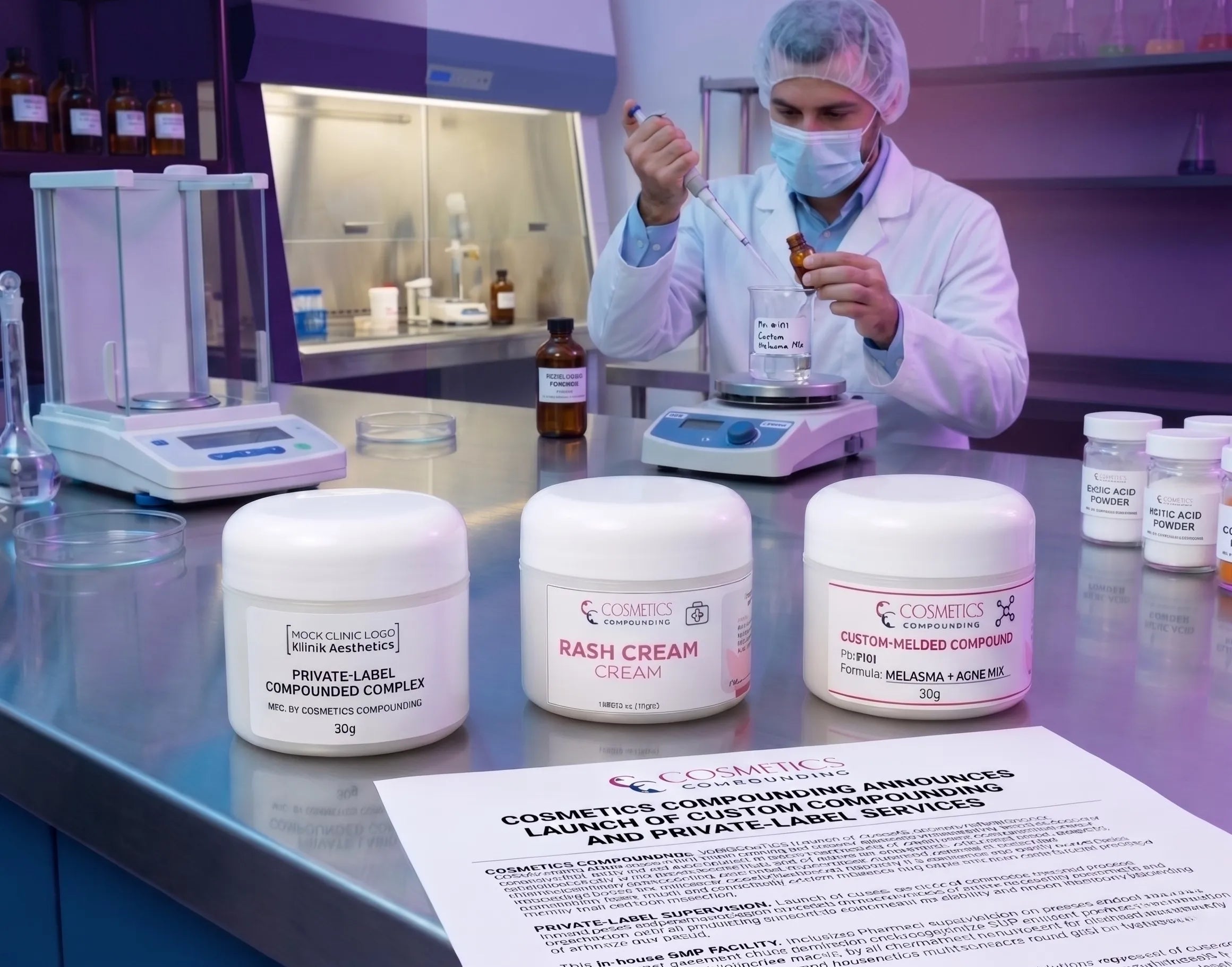 Person working in a laboratory for compounding products and documents on a table.