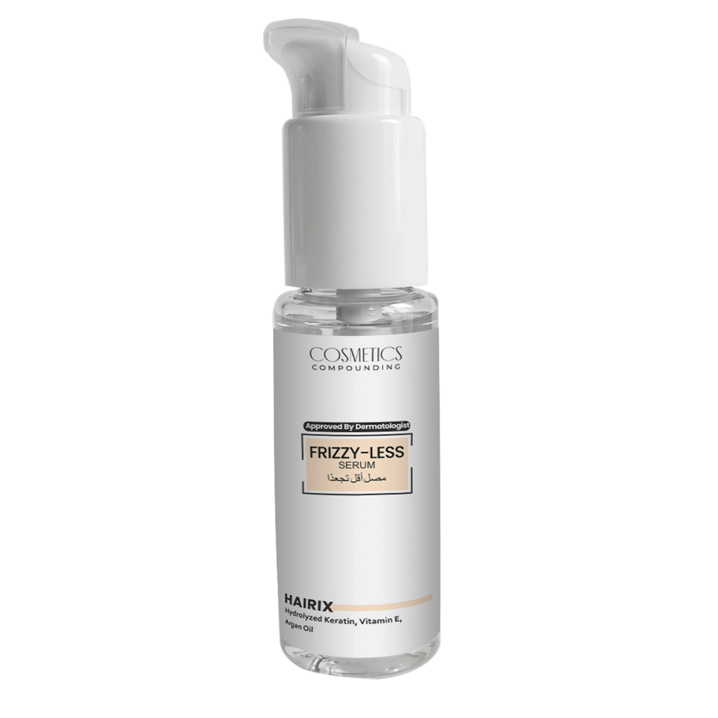 Hair serum bottle labeled 'Frizzy-Less Serum'