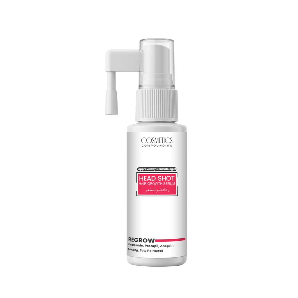 Hair growth serum bottle labeled 'Cosmetics Compounding'