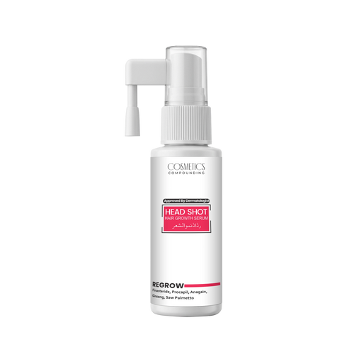 Hair growth serum bottle labeled 'Cosmetics Compounding'