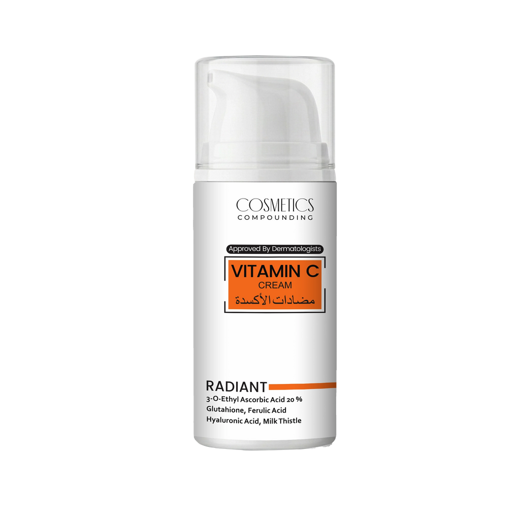 Vitamin C cream bottle with 'Cosmetics Compounding'