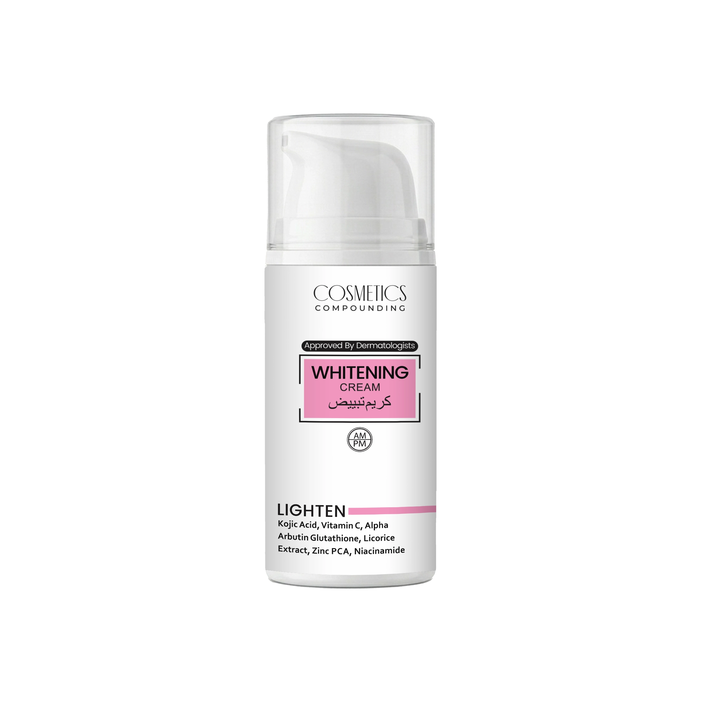 Whitening cream bottle with visible branding on a white background